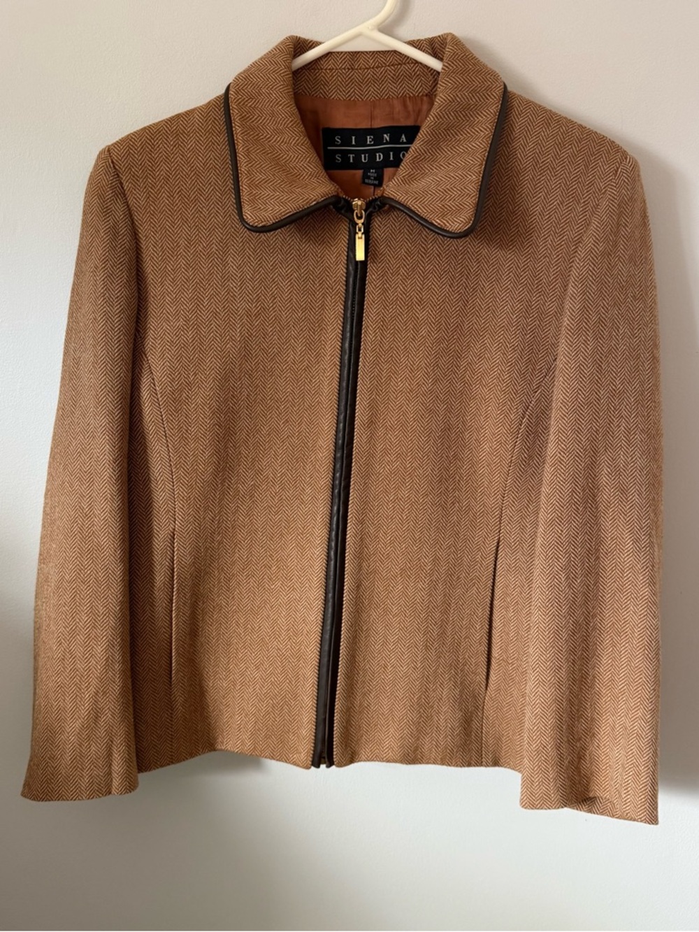 Sienna Studio Brown Wool Zip Up Jacket Leather trim size Medium